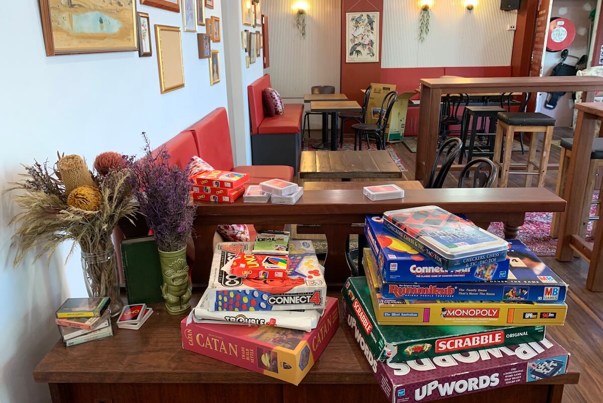 board games such as uno, conntect 4, scrabble, monopoly and upwords on a table at Bark bar subiaco
